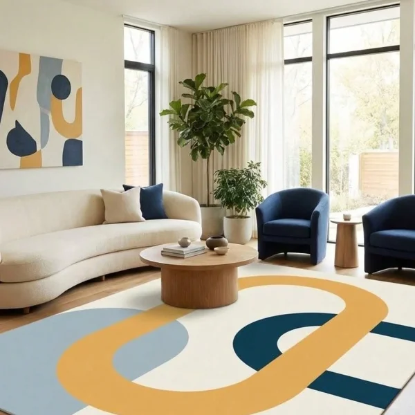 Abstract Geometric Pattern Carpet, Mustard Yellow and Navy Blue Area Rug,