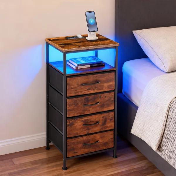 Corner Table Cabinet with 4 Fabric Drawers USB/Type-C Ports with Outlets Adjustable Feet and Variable Light Strip