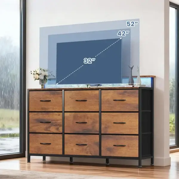 Dresser with 9 Fabric Drawers Wood Top Media Console for 32-52 inch TV Stand