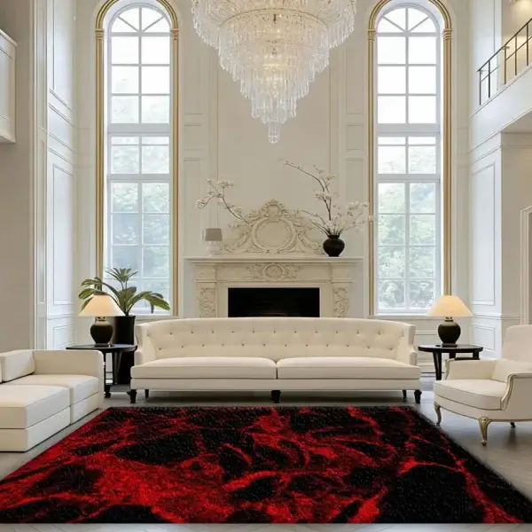 Black Red Marble Texture Area Rug Non Slip Washable