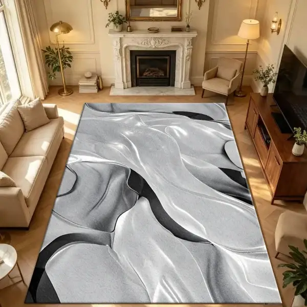 Black White Silk Fluid Abstract Area Rug